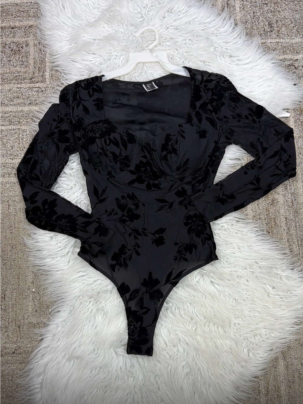 Black Velvet Floral Square Neck Long Sleeve Bodysuit